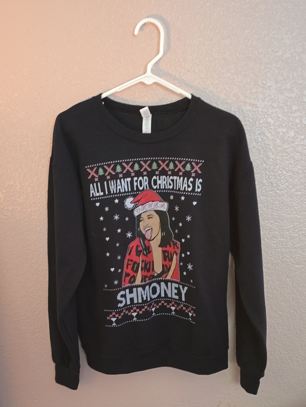 Jerzees Black Women's Christmas Graphic Crewneck Sweater with Red Accents